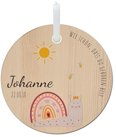 LOOXIS Personalisierter Geburtstagsteller für Kinder mit Namen Bedruckt – 20cm, inkl. Kerze, Eschenholz – Geschenkidee Jungen, Mädchen, Geburt, Taufe, Kindergeburtstag – Motiv: Schnecke Rosa