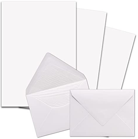 25x Briefpapier-Sets DIN A4 mit C6 gefütterten Briefumschlägen, Nassklebung - Weiß - mattes Schreibpapier und Kuverts mit weißem Seidenfutter