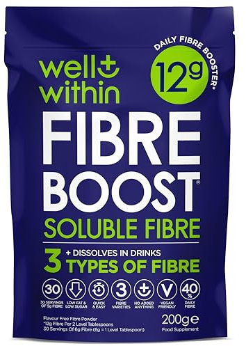 12g Soluble Fibre Supplement, 40% NHS Daily Intake, 3in1 Fibre Powder : Inulin Acacia FOS (Fructooligosaccharides) Prebiotics for Gut Health (200g Bag, 30 x 6g Fiber) Well Within Pre Biotic Drink