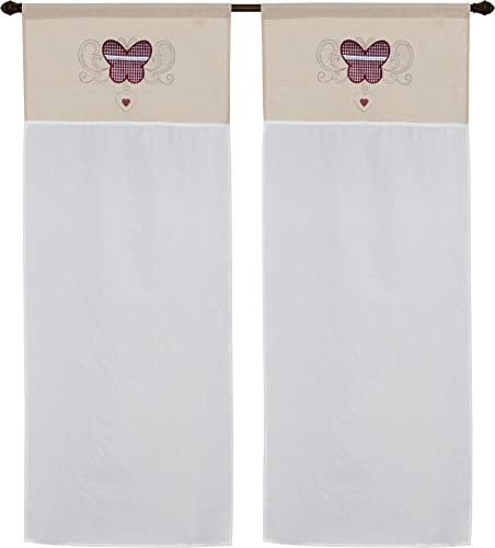coppia di tendine a vetro da cucina art nancy shabby tessutto effetto lino seta in poliestere con ricamo farfalla motivo scozzese e balza pizzo macrame mis 60x150cm dis bacio volante rosso