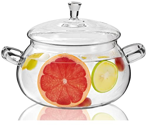 XJLVSV 2450ML/83oz Glass Clear Saucepan with Lid,Best Handmade Easy Clean Heat Resistant Glass Cooking Pot for Noodles, Soup, Cereals, Fruits