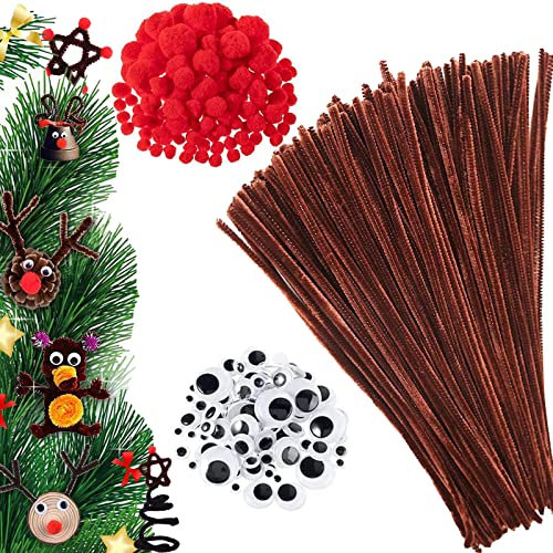 400 Stück Braune Pfeifenreiniger Set,Weihnachten Pfeifenreiniger Chenilledraht Set Mit Rote Pom Poms,Selbstklebend Bastelaugen,Für DIY Weihnachten Handgemacht