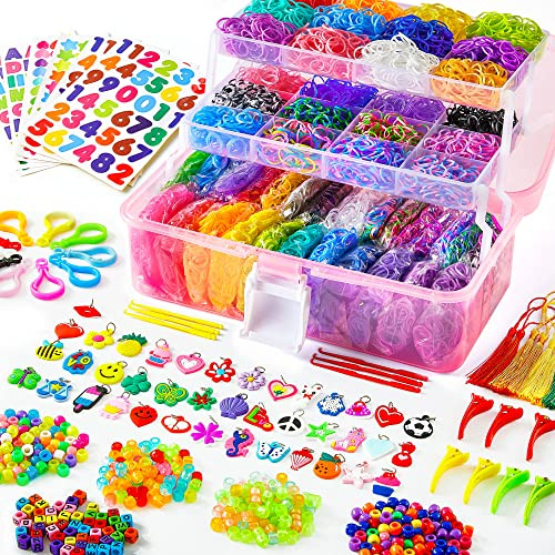 Inscraft 17500+ Loom Bänder Set, 28 Farben Loom Gummibänder für Armbänder, Loop Armbänder set Kinder zum Halsketten und Gummi Armband basteln, mit 600 Clips, 352 Perlen & rosa Aufbewahrungsbox