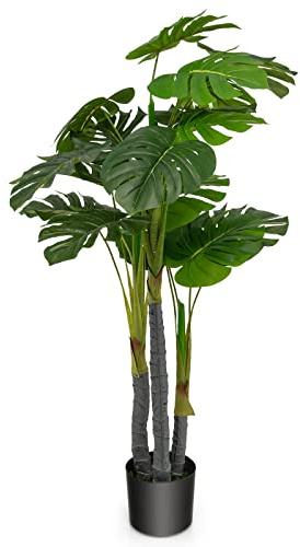 COSTWAY Árbol Artificial de 120 cm, Planta Falsa de Monstera Deliciosa con 20 Hojas Grandes, Maceta de Hormigón, Musgo Realista, Planta Falsa de Árbol para Hogar, Oficina, Patio, Tienda