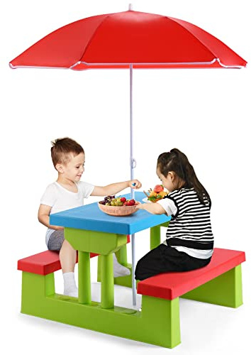 GIANTEX Table de Pique-Nique pour Enfants, Ensemble de Table et Chaises avec Pare-Soleil Amovible,Ensemble Salon de Jardin pour Enfants de Plus de 3 Ans, pour Jardin, Terrasse, Parc(Bleu+Vert+Rouge)
