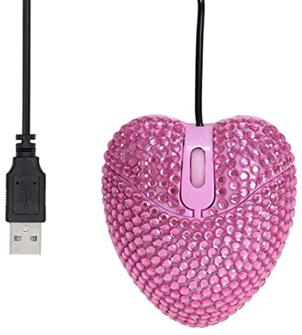 Romeeton Ratón de diamante para niña, ratones en forma de corazón rosa con cable USB para PC computadora portátil, lindo ratón con cable
