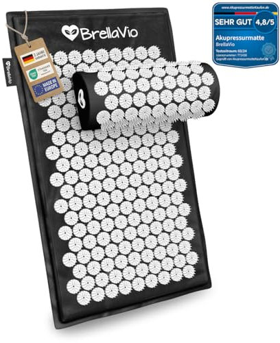BrellaVio Akupressurmatte mit Kissen - Akkupunktur Massage Matte - Akupressur zur Entspannung für Rücken, Nacken, Schulter und Fuß - Akupunktur matte - Stachelmatte (Schwarz)