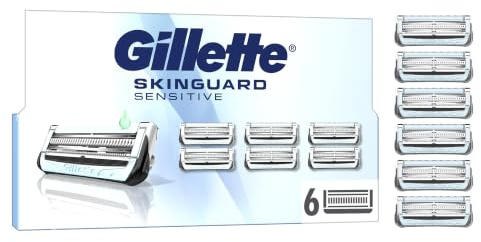 Gillette Skinguard Sensitive ersättningsrakblad för män, förbättrad Lubrastrip smörjremsa, kompatibel med Fusionshandtag, paket med 6