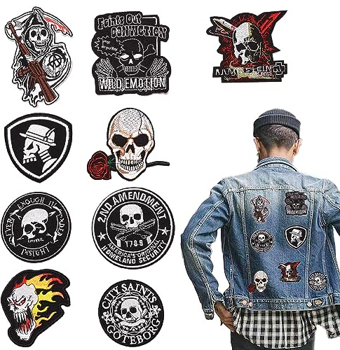 duoyif Aufnäher Totenkopf für Kleidung, 8 – 10 cm, zum Aufbügeln, Totenkopf, Applikationen, bestickt, Sticker, Schädel, Rock, zum Aufbügeln, für Kleidung, Kleider, Jeans, Schuhe, 9 Stück (A)