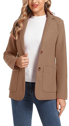ZHANCHTONG Women's Notch Lapel Two Button Wool Blend Blazer Suit Jacket (Patch-Camel, M)
