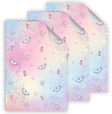 12 Geschenkpapier-Bögen Schmettrlinge Blumen hochwertige reißfeste Geschenkverpackung Packpapier mit Muster Motiv rosa blau für Kinder Mädchen (12 Bögen je A3-Format)