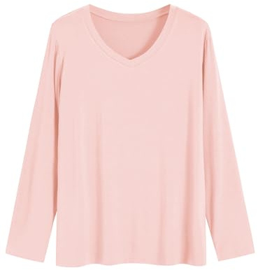 Latuza Women's Viscose Long Sleeve Sleep T-Shirt V Neck Pajama Top M Light Pink