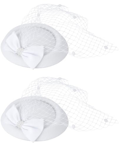 SUPERFINDINGS 2 Stück Weiße Schleife Fascinator Hüte Wollfilzhut Pillendose Mit Schleier Kopfbedeckung Hut Cocktail Mit Haarspange Tea Party Damen Fascinator 13.5~14 cm