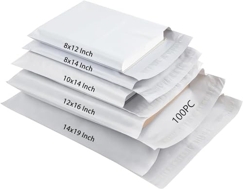 DERAYEE 100pc weiße Poly Versandtaschen,Versandbeutel Plastik selbstklebend,Pakettaschen Kunststoffbeutel Versandtüten mit 5 Gemischt Größe für die Verpackung,Kleidung,Bücher