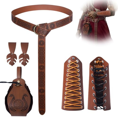 Halloween Nekromanten Anzug Mittelalterliche Accessoires Set,Mittelalter Armschienen Mittelalter Gürtel Vintage-Gürteltasche GüRtelschlaufe für Cosplay,Piraten Hexe Ritter Renaissance Kostüm (Braun)