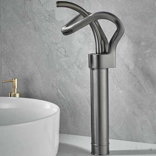 BiaoTeng Mischbatterie Waschbecken Wasserfall Hoch Messing Warm und Kalt Armatur Aufsatzwaschbecken für Badezimmer Grau