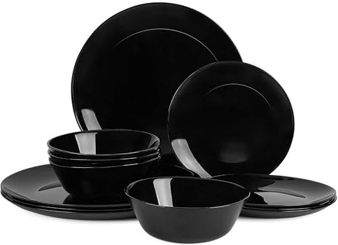 LaGlint Juego de Vajilla 12 Piezas Negro, Vidrio Opalino Vajilla para 4 Personas con 4 Platos Llanos, 4 Platos de Postre y 4 Cuencos de Cereales, Aptos para Lavavajillas y Microondas