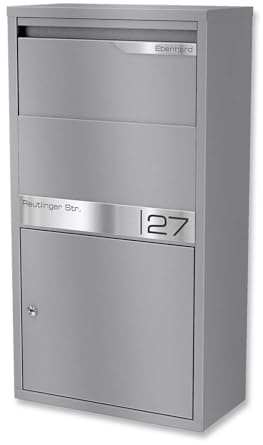 Metzler Paketbox mit kontaktlosem Klappensystem und gravierten Edelstahlleisten in RAL 9007 Graualuminium, wetterfest, diebstahlsicher, freistehend oder Wandmontage, für sicheren Paketempfang Avalon 2