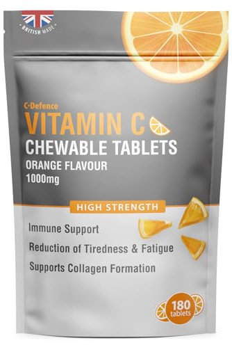 Vitamin C Chewable 180 Orange Tablets 1000mg, Supports Immune Health and Helps Fight Colds - Helps Reduce Tiredness and Fatigue