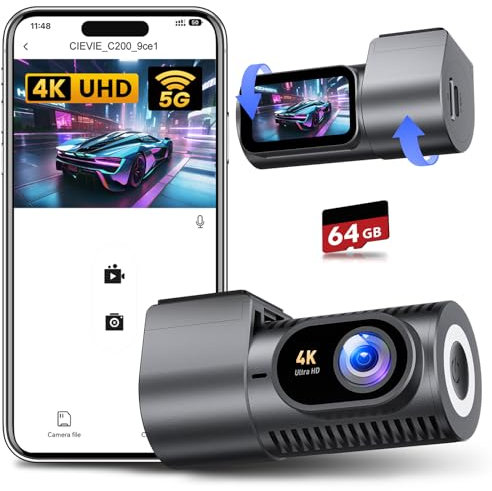 CIEVIE 4K Dashcam, Dash CAM Coche Pantalla 1.5, WiFi 5G & Tarjeta 64G & Soporte 360°, Mini Camara Coche Grabadora, Monitor de Aparcamiento, Super Visión, WDR, Sensor G, Grabación en Bucle, Gran 170°
