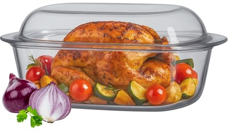 OMAGO® Plat rectangulaire résistant à la chaleur 4,4 l avec couvercle, grand plat en verre pour four, moule à gratin pour viande et lasagnes