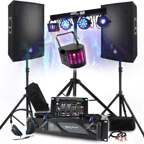 Pack Sono DJ 3400 W Verstärker 2000 W, Lautsprecher 15 Zoll mit Standfüßen, Mischpult, Euphoria Portal + 48 LED-Lichteffekte