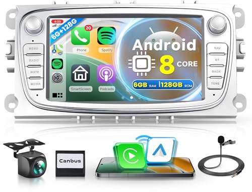 Rimoody 6G 128G for Ford Focus MK2 Galaxy C-MAX S-MAX II Mondeo Wireless Carplay Android Car Stereo, 7 Inch Touch Screen Car Radio with Android Auto GPS Bluetooth WIFI FM RDS Radio Backup Camera