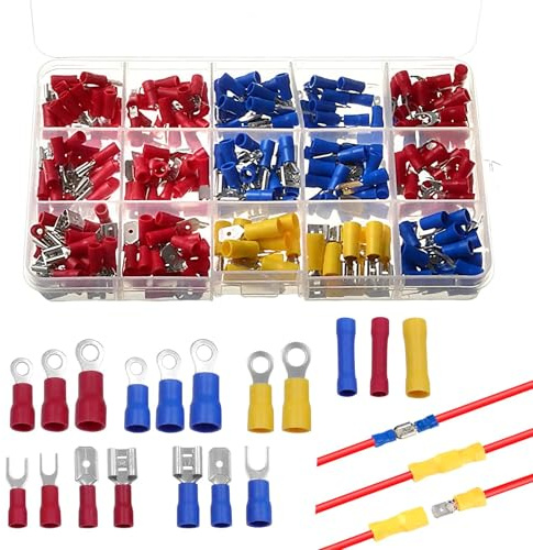 300PCS Electrical Connectors, Insulated Crimp Terminals Ring Fork Male Female Butt Electric Wire ConnectorTerminals Set, 12V Car Crimps Kit Box for Automotive Motorcycle