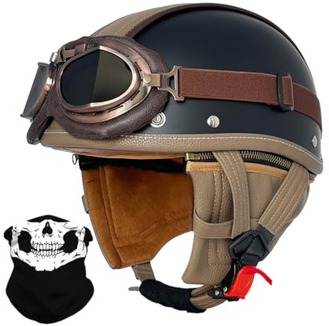 Mezzo Casco Moto Vintage Tedesco Con Occhiali, Casco a Faccia Aperta Retrò Pelle Omologato ECE, Berretto Donna Uomo per Motocicletta Crociera Scooter e Bici Elettrica, 55~64CM