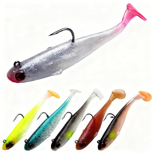 6PCS Soft Fishing Lures with Jig Head Hooks for Perch Paddle Tail PreRigged