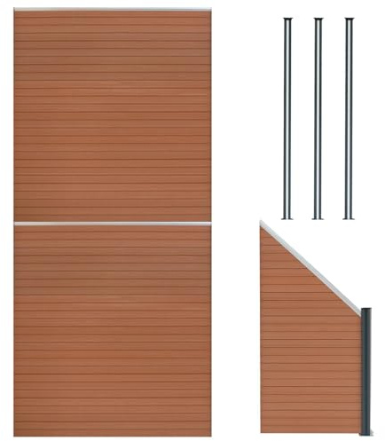 WPC-staket 185x446cm |BRUN| 2x Rakt paneler + 1x Lutande panel + 3 stolpar med solcells-LED | Dubbelsidig panel | Enkel montering | Perfekt för trädgård avgränsning | Integritetsskapande staket