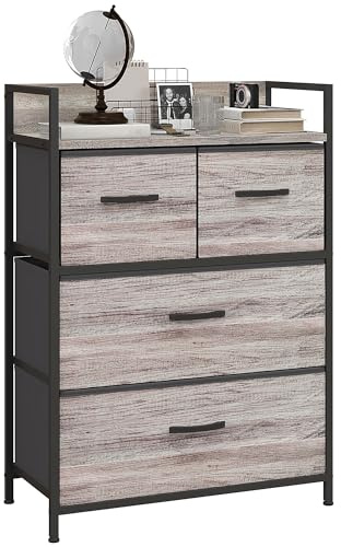 HOMCOM Commode Chambre 4 Tiroirs en Tissu Pliables Amovibles Bois Gris