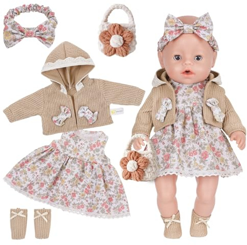 Baby Puppenkleidung für 35–43 cm Babypuppen, 5-teiliges 14–17 Zoll Puppen Outfit Set mit Kleid, brauner Strickjacke, Stirnband, Blumentasche & Socken – Süßes Puppenkleidung Set, Geschenk Mädchen