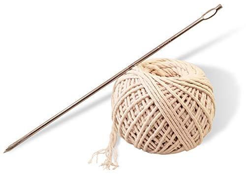 SpitJack Meat Trussing Needle and Butchers Cooking Twine Kit for Sewing Up Whole Hog, Pig, and Roasting Chicken and Turkey. 7 Inch Stainless Steel Needle and 185 Feet of Cotton Kitchen String.