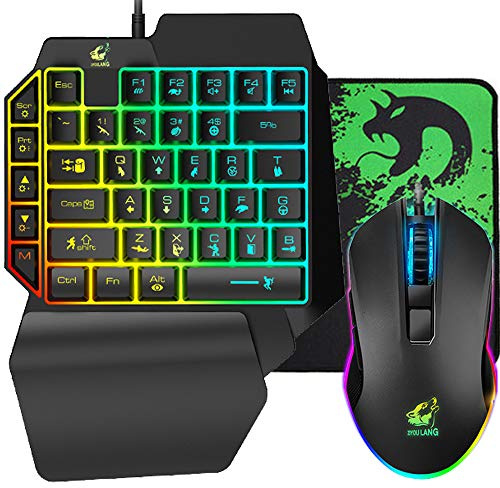 One Handed Gaming Keyboard and Mouse Combo, 39 Keys USB Wired Gaming Keypad with Wrist Rest, Rainbow Backlit Mechanical Feel Anti-Ghosting Keyboard, 6-Button Adjustable DPI Mouse for PC