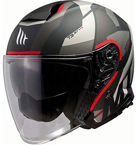 MT Helmets MT Helm Thunder III Jet matt schwarz/rot Größe M | Helder vizier | Jethelme | Druckknopf | Glasfaser | geeignet für Mofa, Moped, Motorrad, Roller