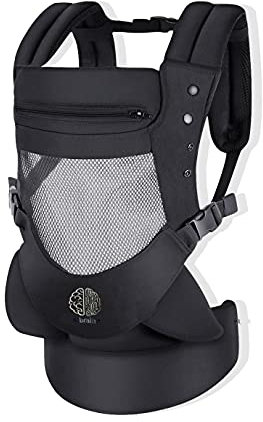 Babytrage ergonomische für Neugeborene 3D-Mesh super ergonomisch 4 Positionen mit verstellbarer Kapuze von 4 Monaten bis 18 kg (Schwarz)