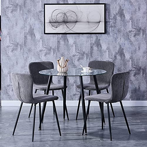 GOLDFAN Esstisch Set mit Glas Esstisch und 4 Gebogene Rückenlehne Stühlen Glastisch und Grau Stuhl Runder Tisch für Wohnzimmer Küche Büro