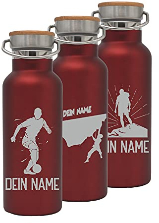 Generisch Trinkflasche personalisiert/rot/Sport-Motive mit Namen/Edelstahl mit Bambusdeckel 500ml / Isolierte Thermosflasche/BPA-Frei/nachhaltig/auslaufsicher/langlebig