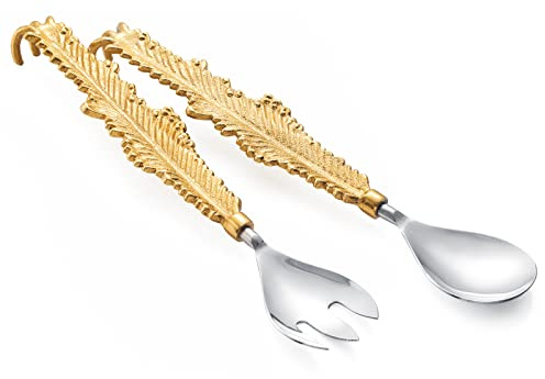 GUTE Gold Leaf Salad Servers Brass & Stainless Steel, Fork & Spoon Set Leaf Design, Two Tone Ideal for Weddings, Dinner, Elegant Flatware, Housewarming, Stainless Steel Mirror Polished