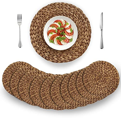 BARIEN Brown Woven Placemats Round Set of 10, Natural Water Hyacinth Weave Placemat for Dining Table, Large Handmade Woven Placemats Heat Resistant Non-Slip (15)