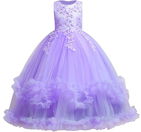 IMEKIS Vestido de niña de flores princesa de encaje tul tutú lentejuelas bowknot vestido de fiesta festivo dama de honor boda cumpleaños largo vestido de fiesta …, #3 Lila, 11-12 Años
