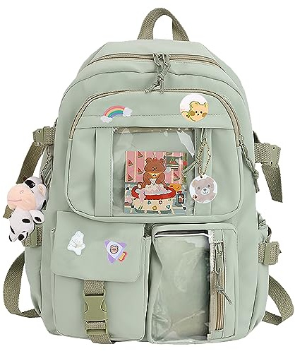 Horhear - kawaii-ryggsäck för skolan, söt ryggsäck med kawaii-tillbehör, broscher med tecknade figurer och hänge med gosedjur