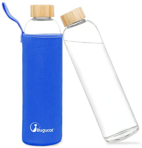 Bugucat Trinkflasche Glas 1L,wasserflasche glas mit Schutzhülle, Glasflasche Wasserflasche aus Borosilikatglas,Karaffe für Smoothies Säfte Wasser und Getränke