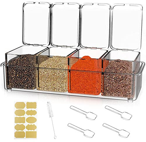QIQN Barattoli Portaspezie in Plastica per Spezie 6Pezzi Trasparente Spezie con Vassoio, Imbuto, Spazzola di Pulizia per Pepe e Sale Condimenti da Campeggio Gewurzstreuer-3