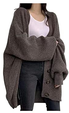 SERUMY Cardigan dam V-ringad lös stickad kofta mode Lazy Ins kofta tröja vintage vardaglig college-stil kofta-3, L