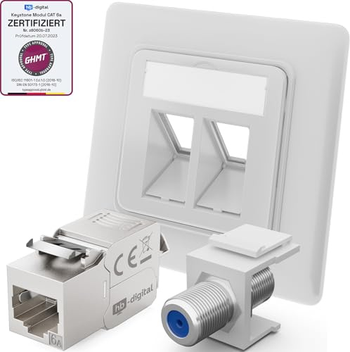 hb-digital 3X Anschlussdose Netzwerkdose LAN Dose Unterputz mit RJ45 Keystone Modul CAT 6a und vernickelt F-Verbinder Keystone F-Buchse Keystone-Halterung Adapter - Signalweiss