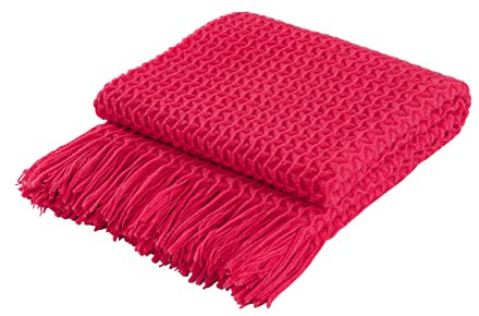Super Soft Decorative Knit Throw Blanket for Sofa Couch Chair Bed, Lightweight Travel Blanket Nap Throw, Cashmere-like Soft and Cozy, Delicate Weave Pattern with Fringe,Magenta Fushcia,127x152cm