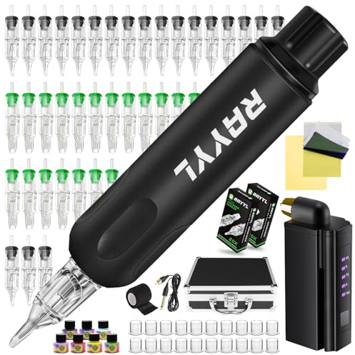 Wireless Rotary Maschine Pen Set, Rayyl Rotary Maschine Set mit Akku, 7 Tinte 20 Ink Cups Kunsthaut für Künstler