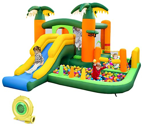 COSTWAY Kids Bouncy Castle, Inflatable Bouncer House Trampoline with 680W Air Blower, Slide, Basketball Hoop, Blow Up Activity Center for Indoor Outdoor, 4.68 x 4.06 x 2.4m